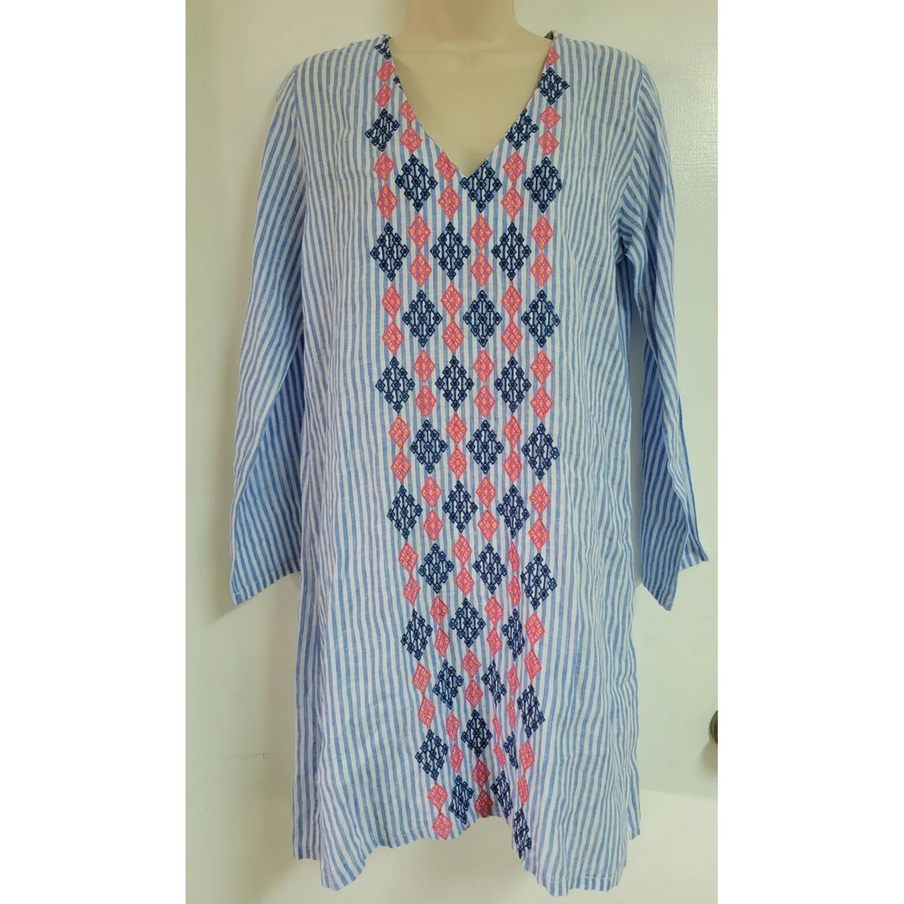 Pomegranate‎ Blue White Stripe Embroidered Bodice Shift Dress Beach Preppy S